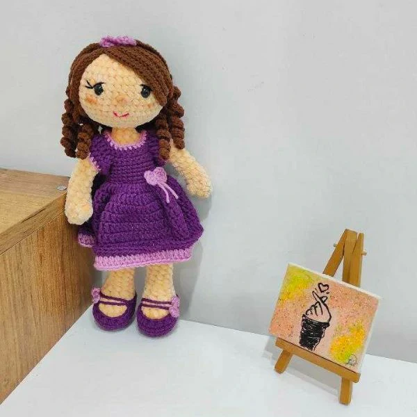 A Crocheted Doll Wearing a Purple Dress-50 cm